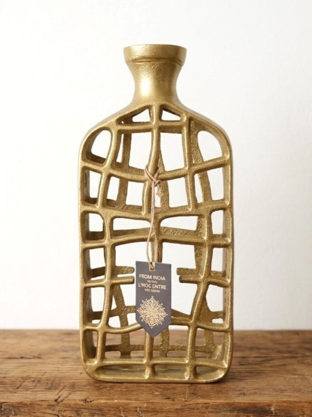 Gold Metal Lattice Vase Decorative Bottle Sculpture Made in India 13" Modern